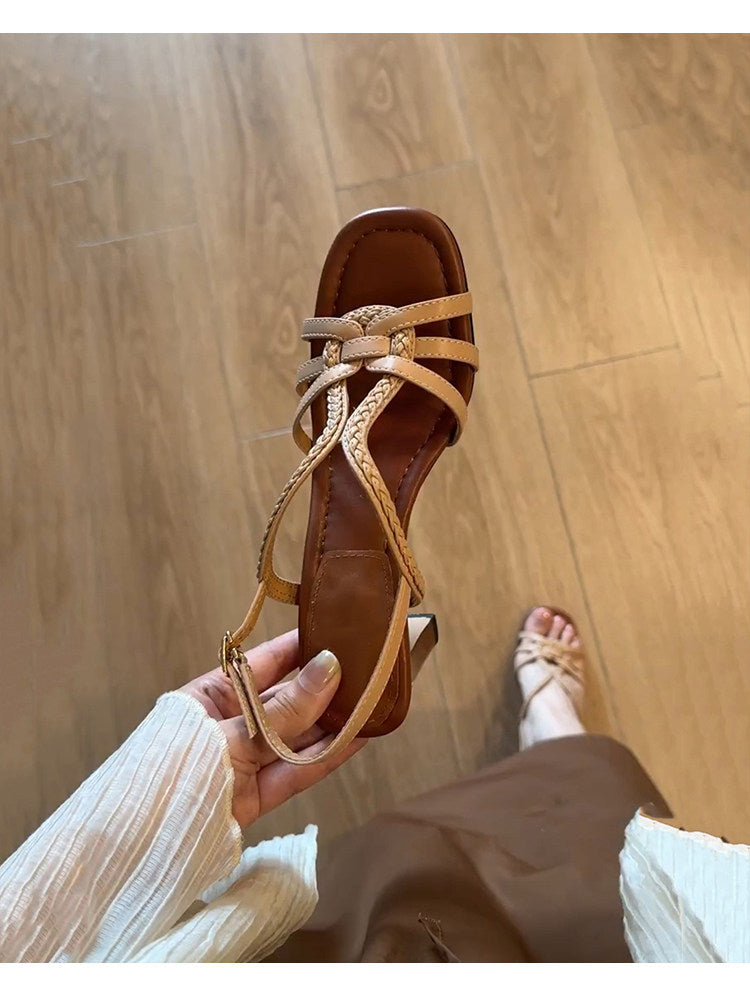 Summer women's new woven thick heel sandals